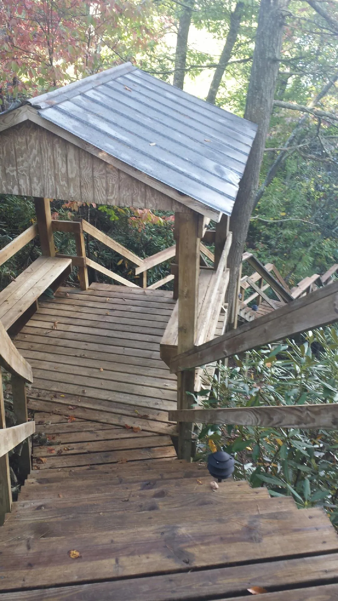 Metal roofed shelter over wooden steps on a wooded walkway — Skylight Repair & Installation work by our crew in Coin